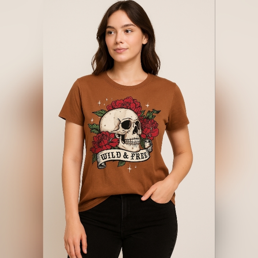 Wound Up Wild & Free Skull Floral Graphic Tee Brown XL Boho Grunge